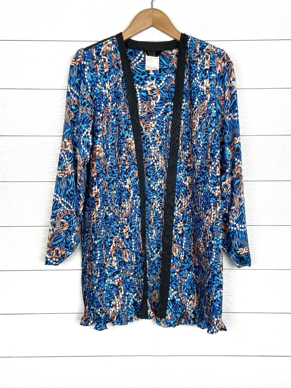 DIANE FREIS Vintage Blue Black Chain Pleated Topper Jacket Cover 1980s Designer